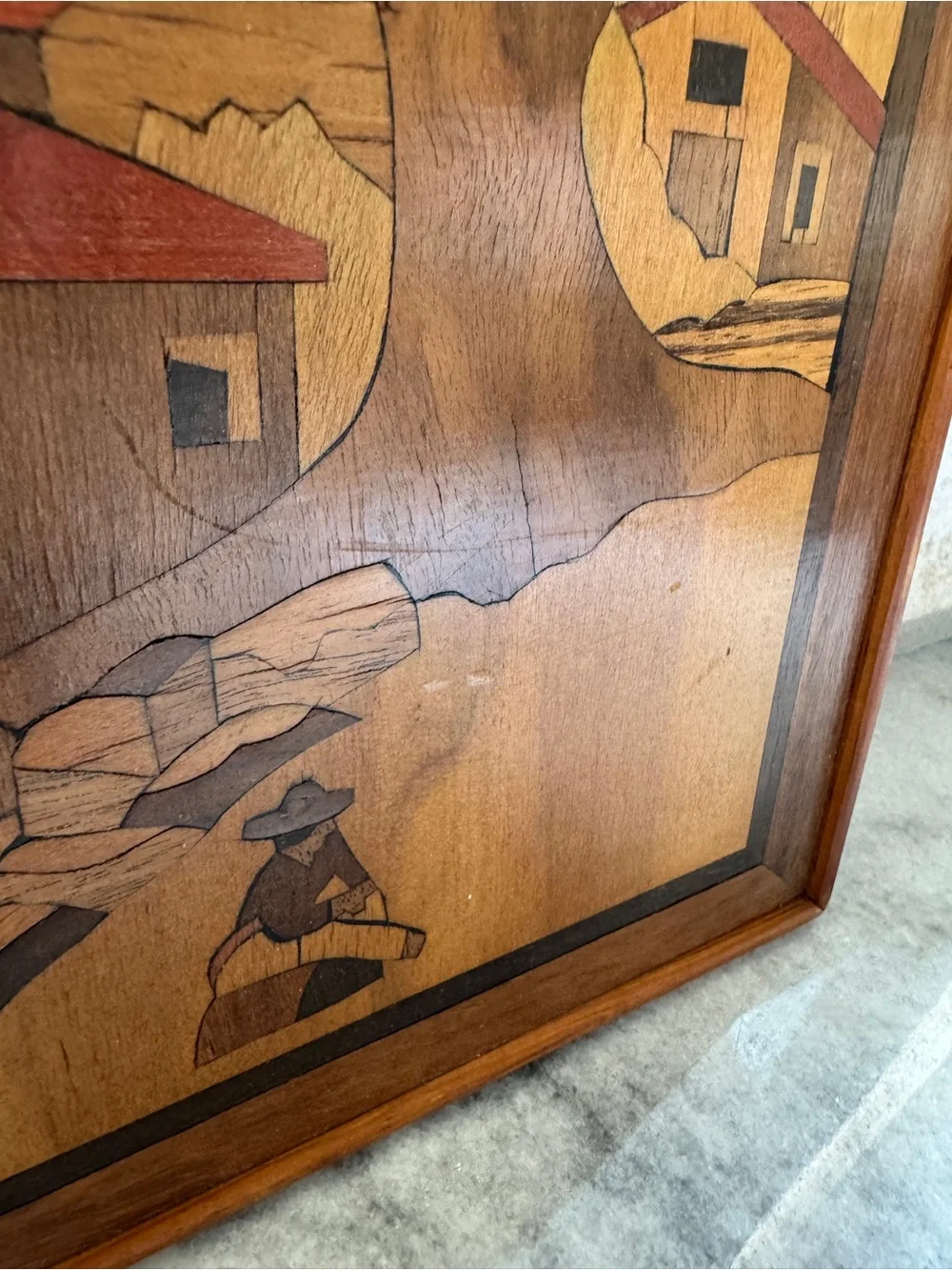 1970’s Handcrafted Wood Marquetry Wall Art in Brown and Red